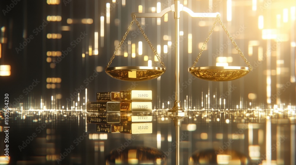 A symbolic gold market concept with scales balancing digital graphs and shining gold bars. A symbolic gold market concept with scales balancing digital graphs and shining gold bars.