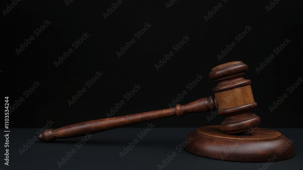A Wooden Gavel Rests on a Dark Surface, Symbolizing Justice and Legal Authority in a Courtroom Setting A Wooden Gavel Rests on a Dark Surface, Symbolizing Justice and Legal Authority in a Courtroom Setting
