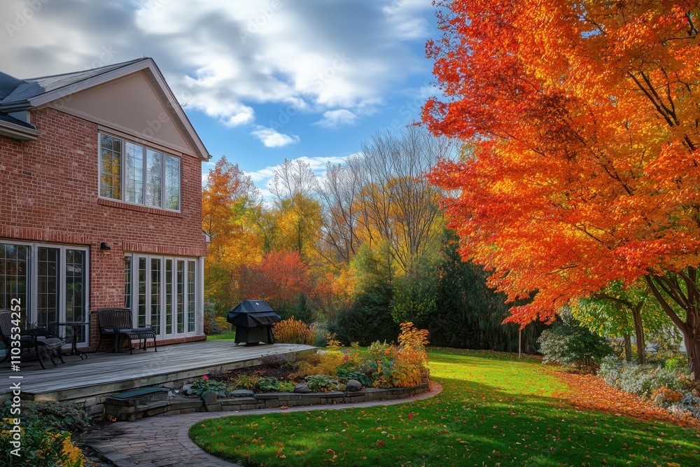 A brick and wood suburban home backyard garden with colorful autumn trees A brick and wood suburban home backyard garden with colorful autumn trees