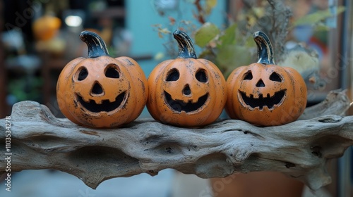 Halloween pumpkins on a driftwood