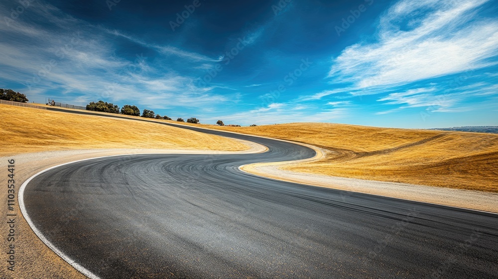 Naklejka premium Scenic Curved Road Through Golden Landscape Under Blue Sky