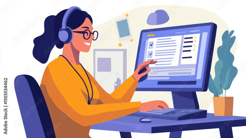 Support representative assisting customers with computer, wearing headphones, and smiling. workspace features plant and checklist on screen Support representative assisting customers with computer, wearing headphones, and smiling. workspace features plant and checklist on screen