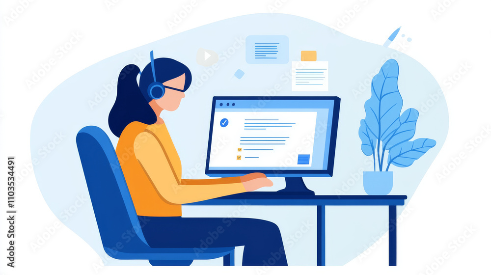 help desk representative providing support via live chat at computer. scene features woman wearing headset, focused on her screen, with plant nearby help desk representative providing support via live chat at computer. scene features woman wearing headset, focused on her screen, with plant nearby