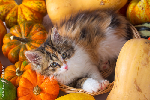 A cute calico kitten among ...