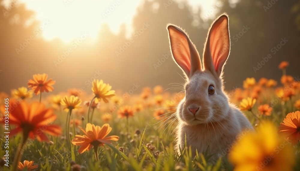 Cute Easter bunny sitting in a field of flowers during sunset with warm sunlight Cute Easter bunny sitting in a field of flowers during sunset with warm sunlight