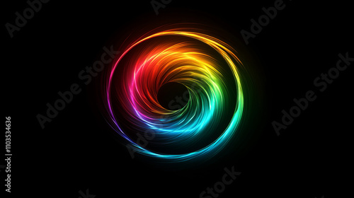 vibrant, luminous spiral design featuring spectrum of colors, creating striking contrast against black background. This captivating artwork evokes sense of movement and energy