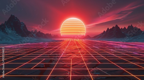 A retro futuristic landscape with glowing lines and a sunset in the background.