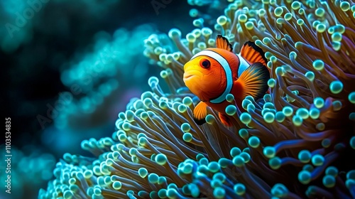 An orange clownfish gracefully swims among the vibrant tentacles of a sea anemone.