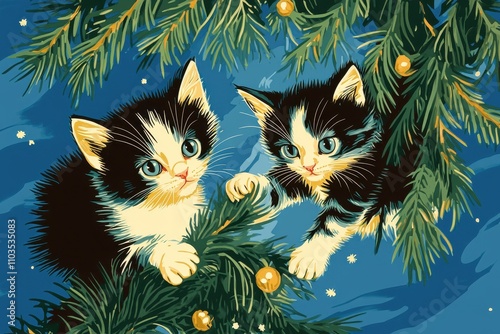 Playful kittens cause holiday mischief - climbing up a decorated Christmas tree, pawing at shiny glass baubles and ornaments photo