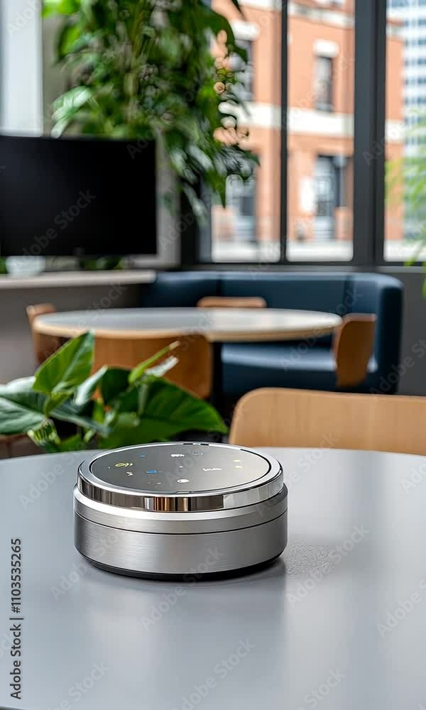 A sleek, modern smart device sits on a table in a contemporary workspace filled with plants and natural light, enhancing productivity A sleek, modern smart device sits on a table in a contemporary workspace filled with plants and natural light, enhancing productivity