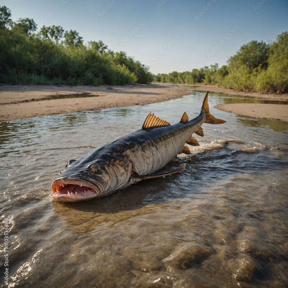 Fototapeta premium A giant catfish gliding near the sandy riverbed.