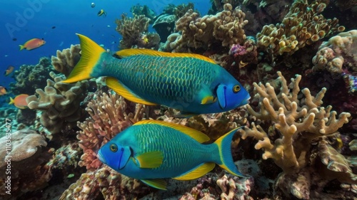 Here's a and keyword list for your stock photo... Two vibrant blue and yellow fish swim amidst a coral reef.