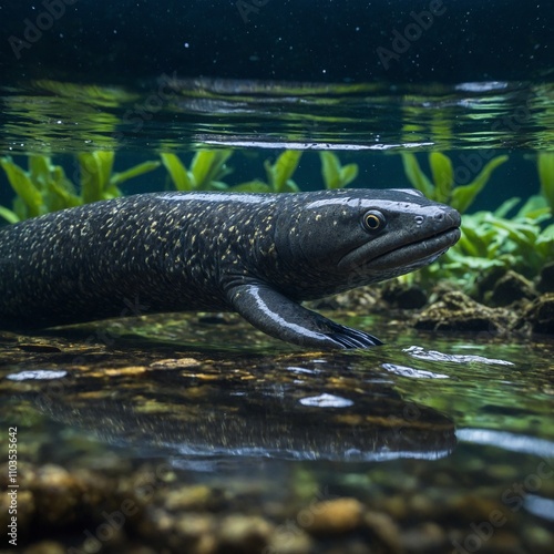 An electric eel swimming gracefully in a sparkling Amazon tributary.

 photo