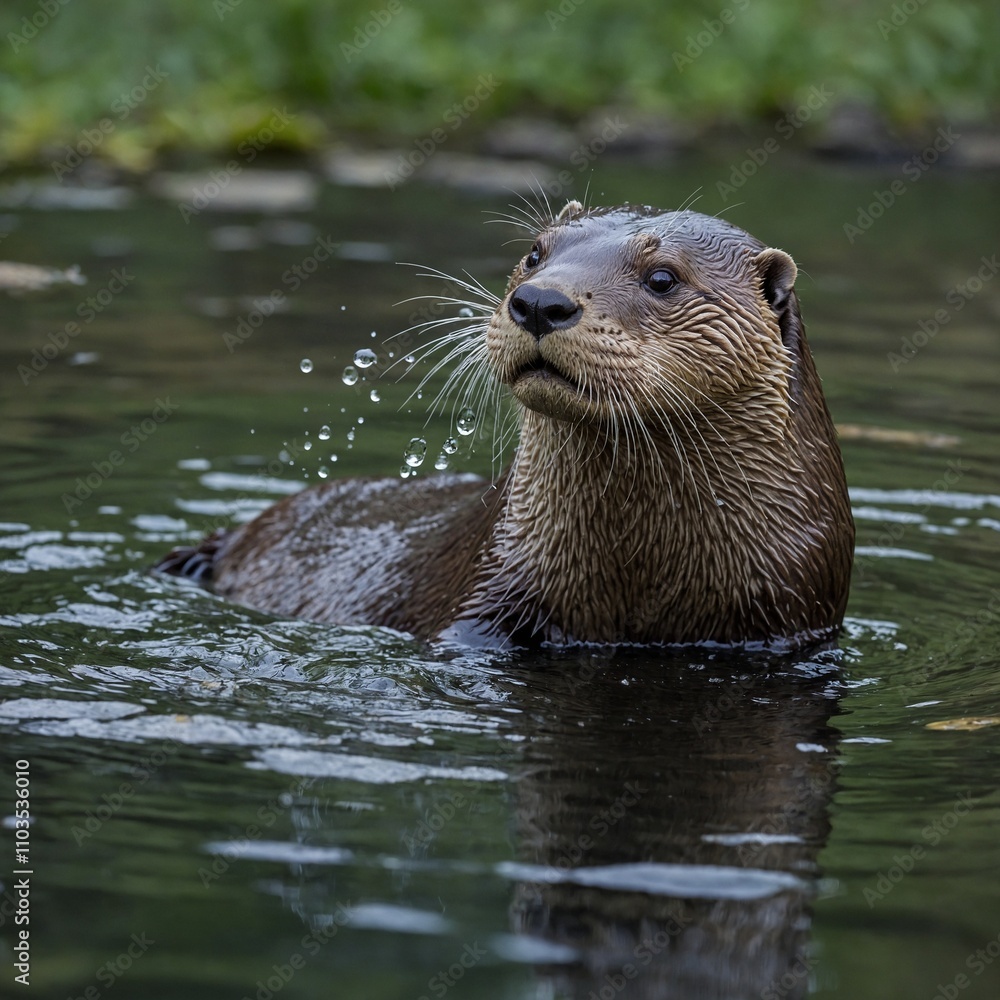 A river otter catching a fish near the surface of a tranquil stream.
A river otter catching a fish near the surface of a tranquil stream.