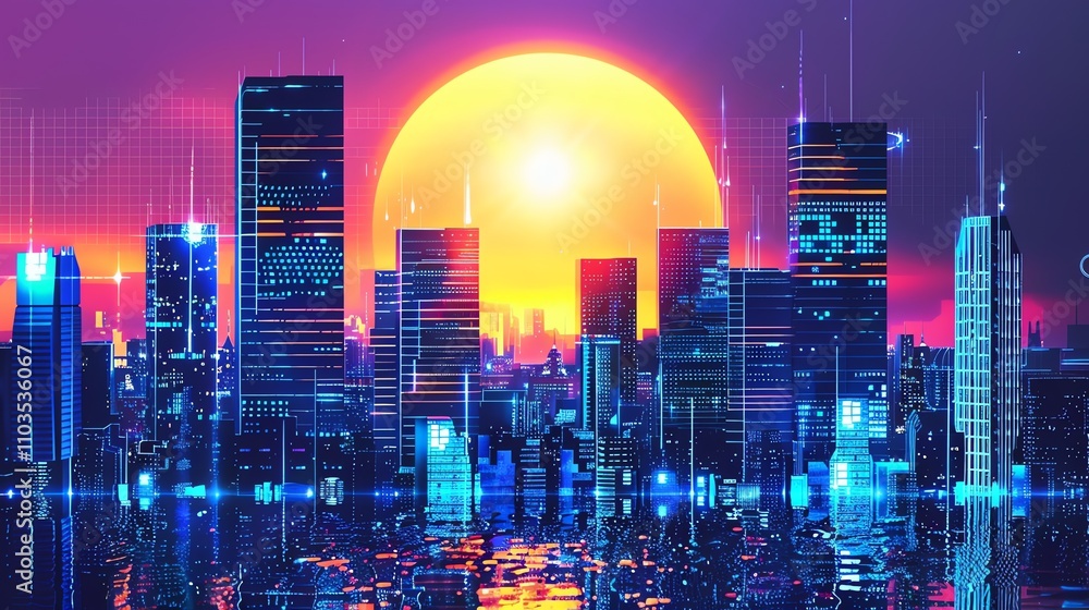 Fototapeta premium A futuristic city skyline at sunset, with neon lights.