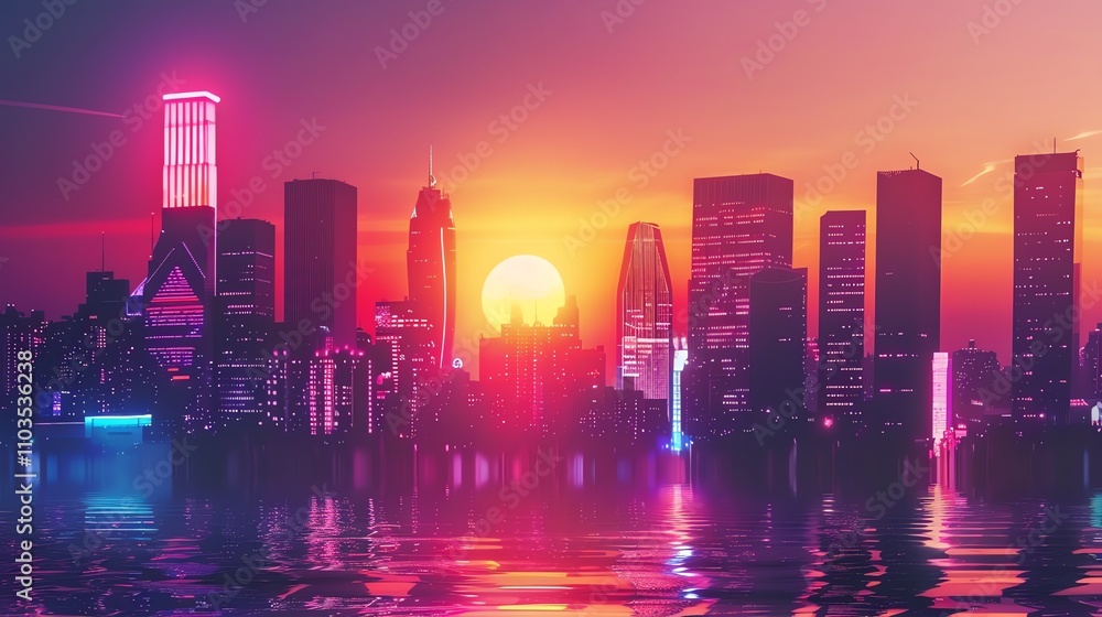 Fototapeta premium Retrofuturistic cityscape at sunset.
