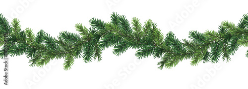 	
Green christmas branch garland in wavy seamless pattern isolated on white background	