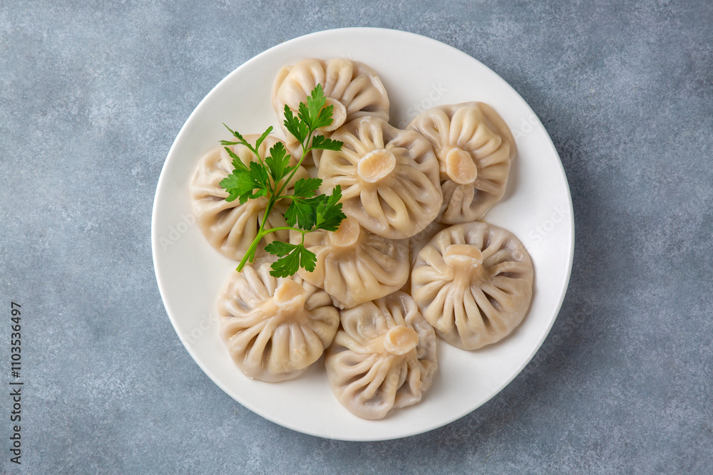 Traditional Georgian dish khinkali - Hinkali - Boiled khinkali with lamb or beef or cheese