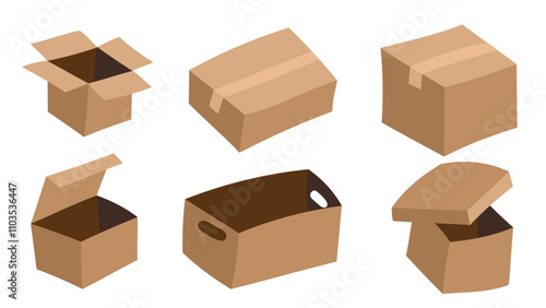 Collection of Cardboard Boxes: Various types of cardboard boxes in different positions and states of being open or closed. Perfect for packaging, shipping, and moving illustrations.