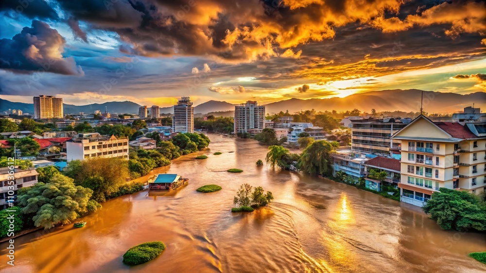 Naklejka premium Dramatic Flooding in Chiang Mai: Ping River Overflows, Submerging City Streets and Surroundings in a Stunning Landscape of Water and Reflection