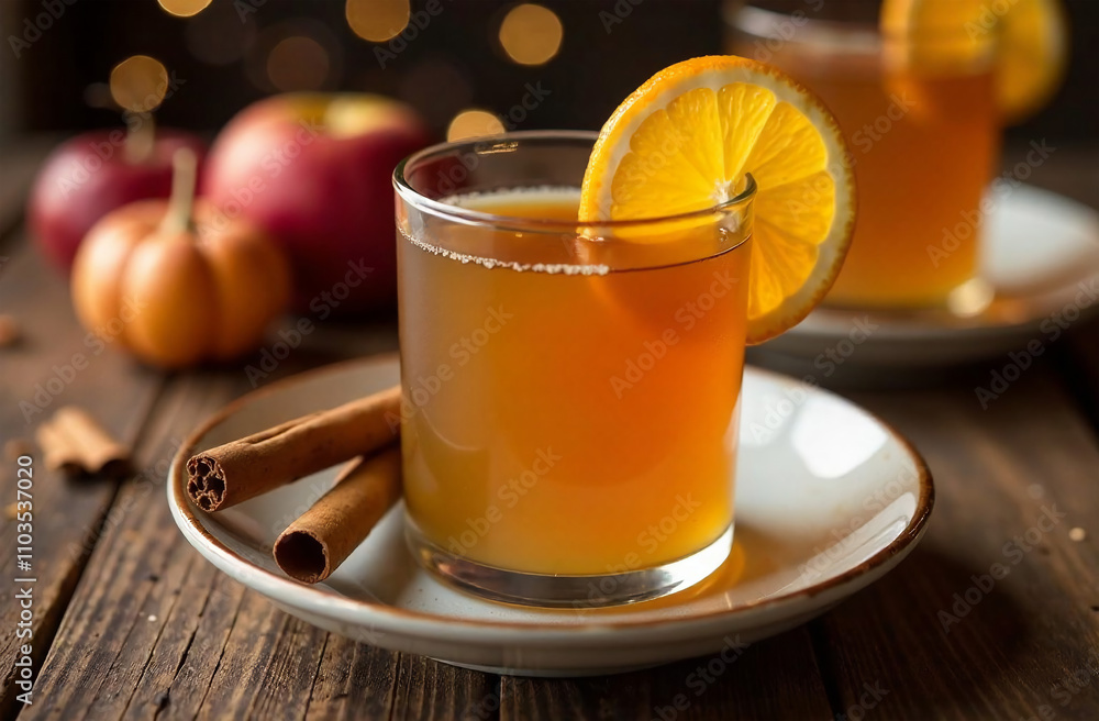 Mulled wine with cinnamon, apple and orange on wooden background Mulled wine with cinnamon, apple and orange on wooden background