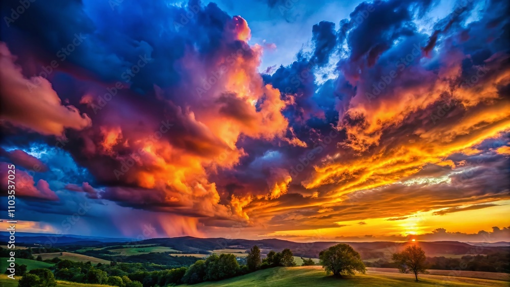 Dramatic Storm Clouds at Sunset Over a Serene Landscape with Vibrant Colors and Reflections, Capturing the Beauty and Power of Nature in a Stunning Visual Experience Dramatic Storm Clouds at Sunset Over a Serene Landscape with Vibrant Colors and Reflections, Capturing the Beauty and Power of Nature in a Stunning Visual Experience