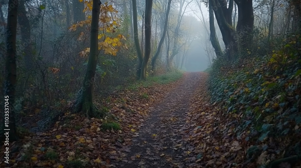 Fototapeta premium Misty Forest Path with Colorful Leaves Under Foggy Sky
