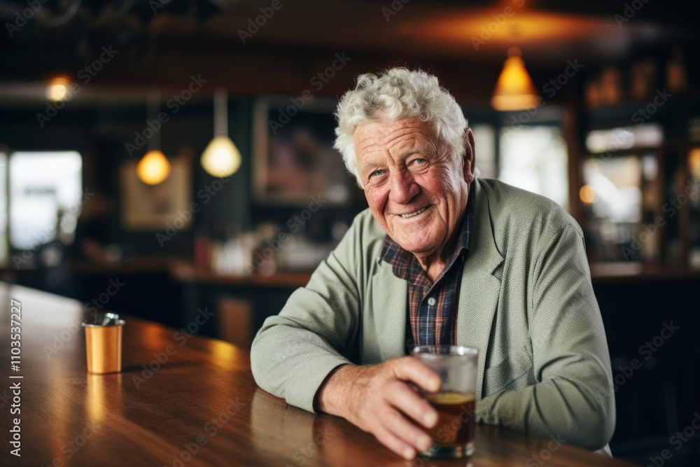 Portrait of senior man drinking beer in pub. Old man sitting at the table and smiling. Portrait of senior man drinking beer in pub. Old man sitting at the table and smiling.