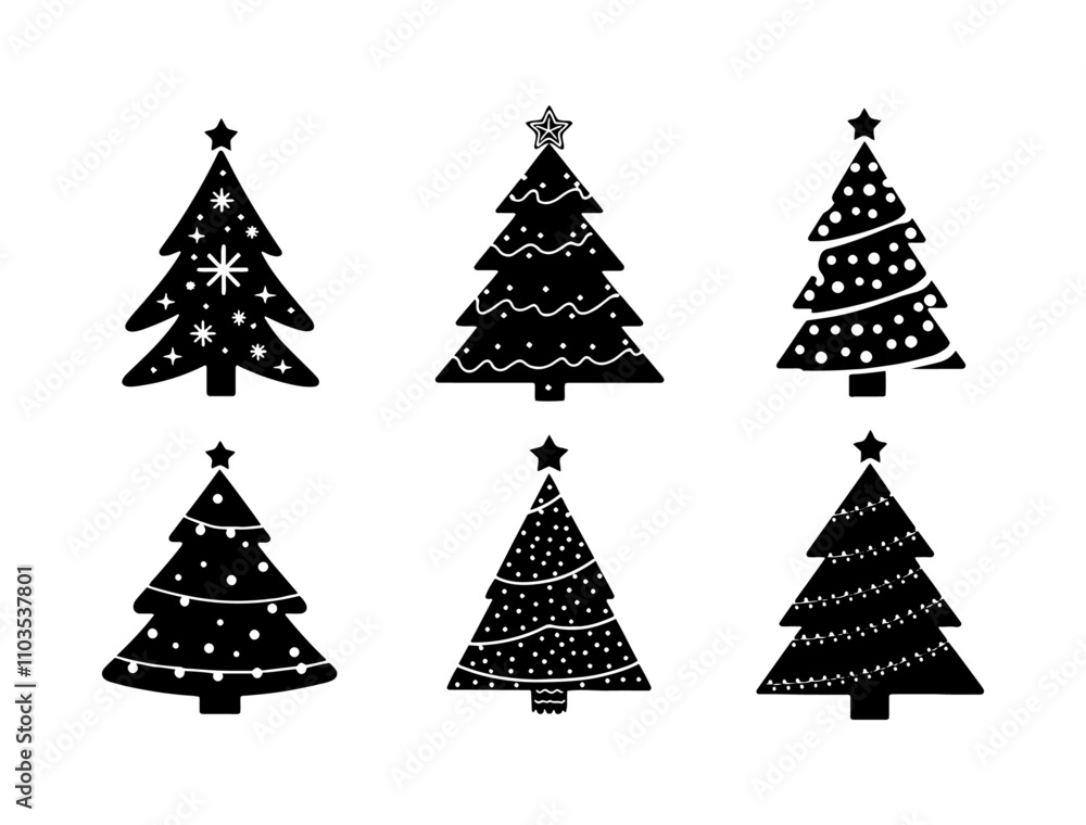 Obraz premium Set of Christmas Tree silhouette vector, Minimalist Christmas Tree Art for Seasonal Branding, Stylized Holiday Tree Icons: Perfect for Modern Designs