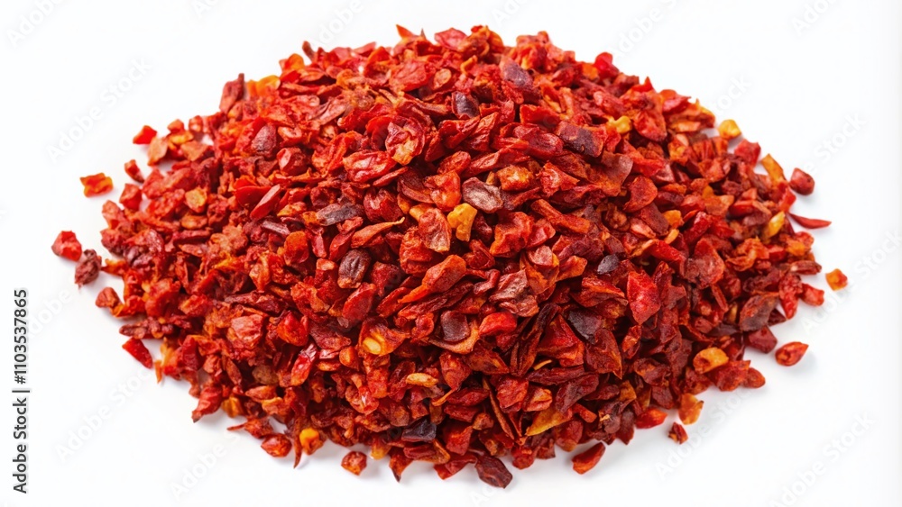 Fototapeta premium Dried Red Pepper Flakes Pile Isolated on White Background for Culinary and Spicy Food Concepts, Perfect for Cooking, Recipes, and Food Photography Needs