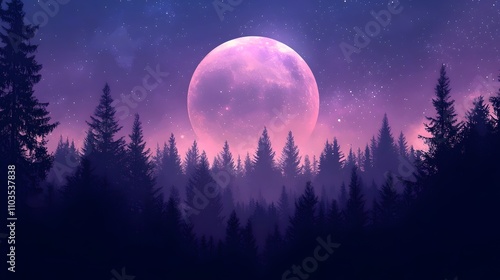 A large pink moon is in the sky above a forest of trees