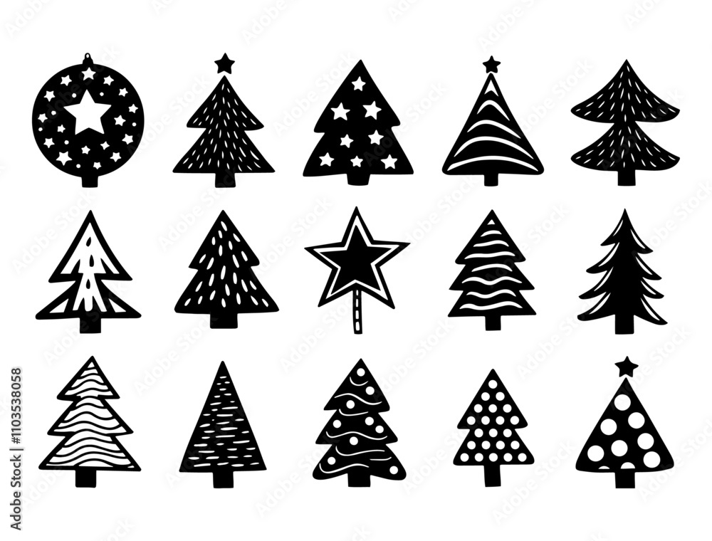 Obraz premium Set of Christmas Tree silhouette vector, Minimalist Christmas Tree Art for Seasonal Branding, Stylized Holiday Tree Icons: Perfect for Modern Designs