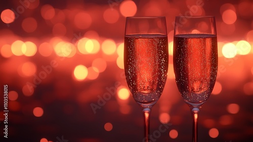 Two champagne glasses filled with red liquid are on a table