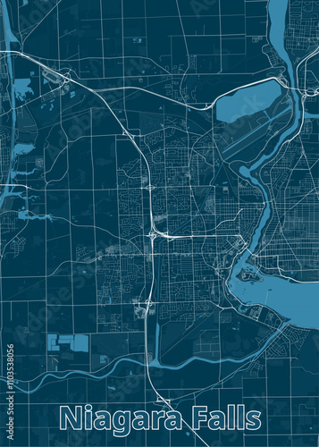 This is a detailed map of Niagara Falls, featuring a network of roads and waterways. The map is rendered in a minimalist style with a dark blue background and white lines representing streets.