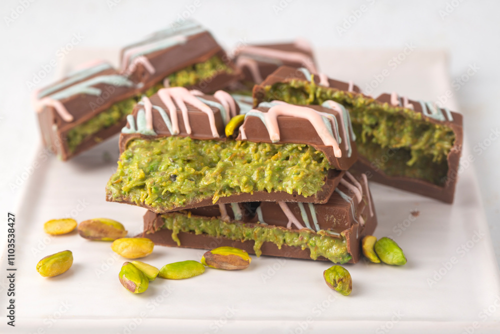 Trend Dubai chocolate with pistachio paste and kataifi dough.