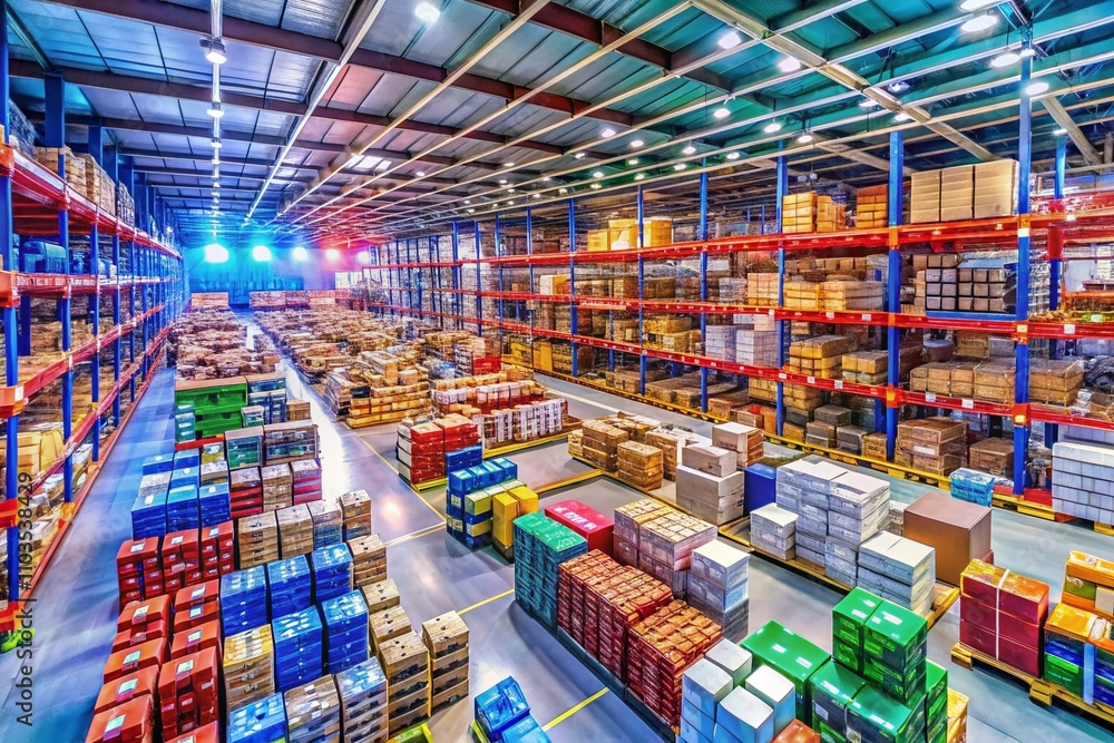 Obraz premium Drone Photography of Warehouse Inventory Management System: Aerial View of Efficient Product Placement and Tracking on Shelves in a Modern Warehouse Environment