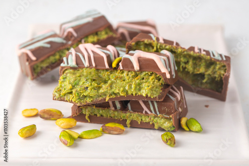 Obraz na płótnie Trend Dubai chocolate with pistachio paste and kataifi dough. w salonie