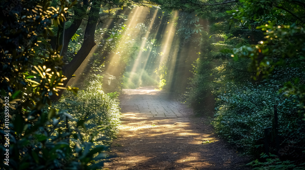 Pathway surrounded by trees and bushes, with sunlight filtering through the forest.