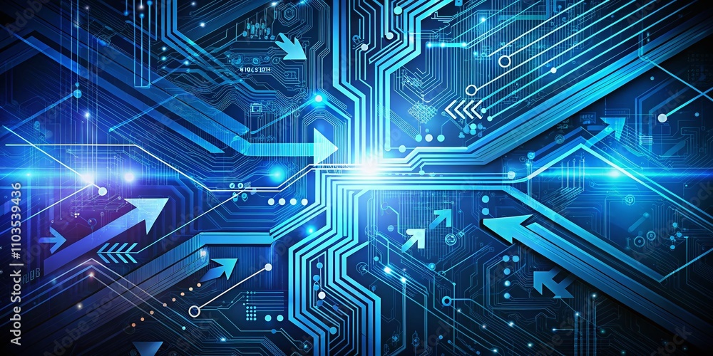 Fototapeta premium Dynamic Arrow Circuit Design on a Blue Background with Ample Copy Space for Urban Exploration Photography Projects
