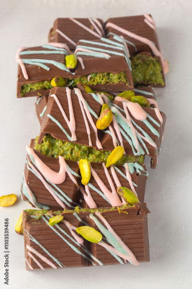 Trend Dubai chocolate with pistachio paste and kataifi dough.