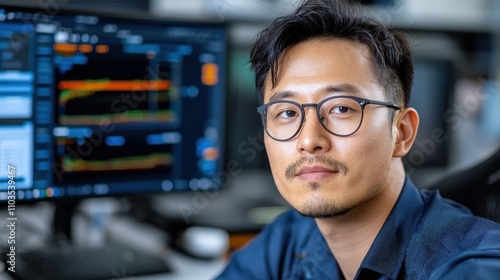 Focused Businessman Analyzing Financial Data on Multiple Computer Screens in Corporate Office Environment Researching Investment Strategies and Market Trends