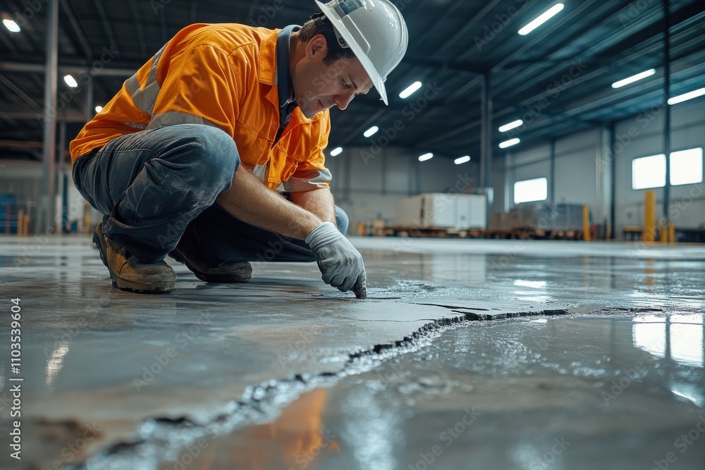 Inspecting Cracks in Concrete Floor at Warehouse Inspecting Cracks in Concrete Floor at Warehouse