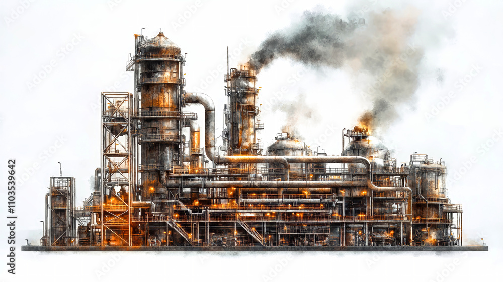 Detailed oil and gas production plant featuring complex machinery and pipes with steam coils in a high-resolution digital painting Detailed oil and gas production plant featuring complex machinery and pipes with steam coils in a high-resolution digital painting