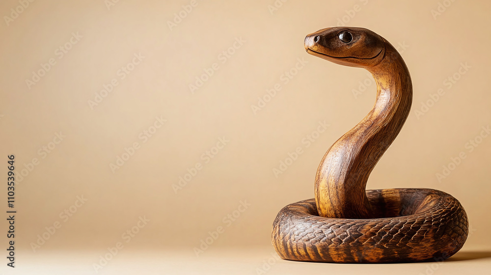 Intricately carved wooden snake sculpture coiled elegantly, set against a neutral beige background with copy space, ideal for artistic or design themes. Intricately carved wooden snake sculpture coiled elegantly, set against a neutral beige background with copy space, ideal for artistic or design themes.