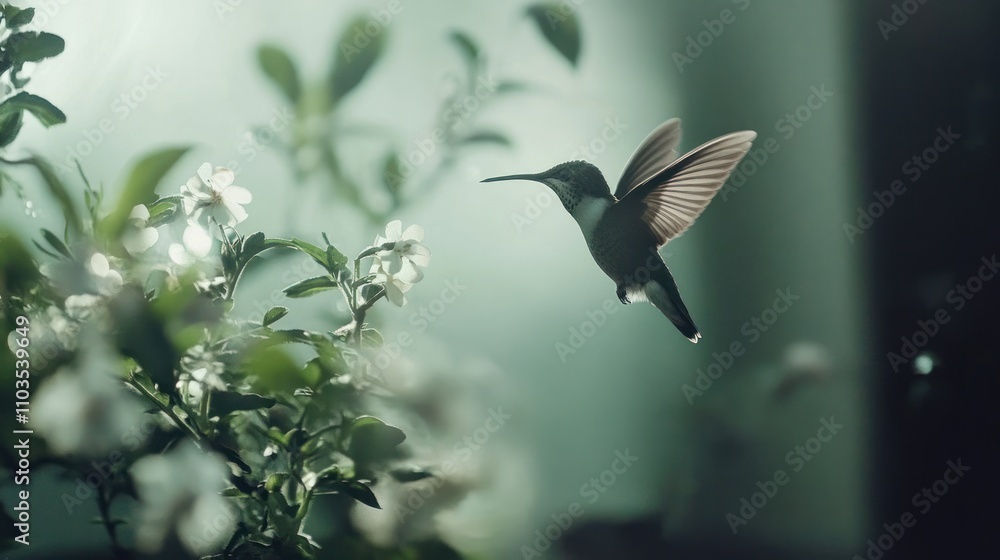 Naklejka premium A hummingbird hovering near blooming flowers in soft light.