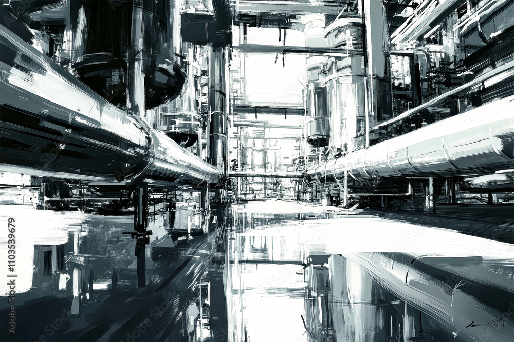 A detailed digital painting of an industrial oil refinery showcasing intricate metal pipes and equipment with dramatic soft lighting effects A detailed digital painting of an industrial oil refinery showcasing intricate metal pipes and equipment with dramatic soft lighting effects