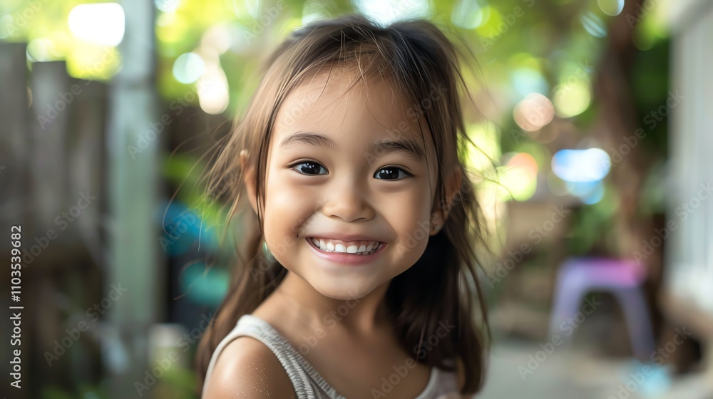 A young girl with long dark hair smiles brightly at the camera. A young girl with long dark hair smiles brightly at the camera.