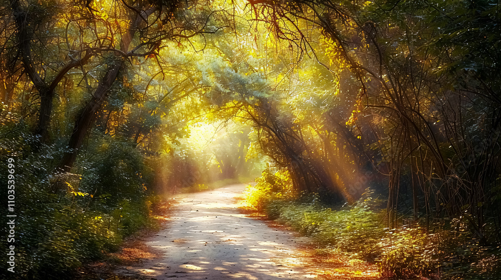 Obraz premium Pathway surrounded by trees and bushes, with sunlight filtering through the forest.