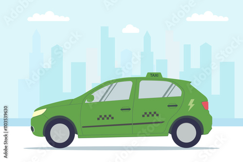 Green passenger electric taxi car on city road in flat style. Green energy transition concept.