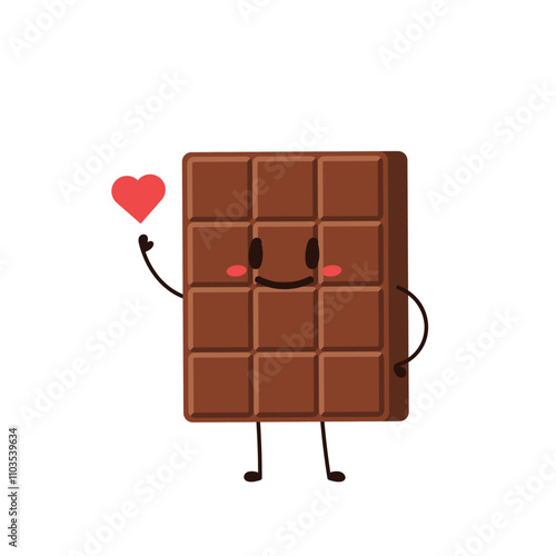 Cute and funny chocolate bar character. Chocolate mascot. Heart vector.